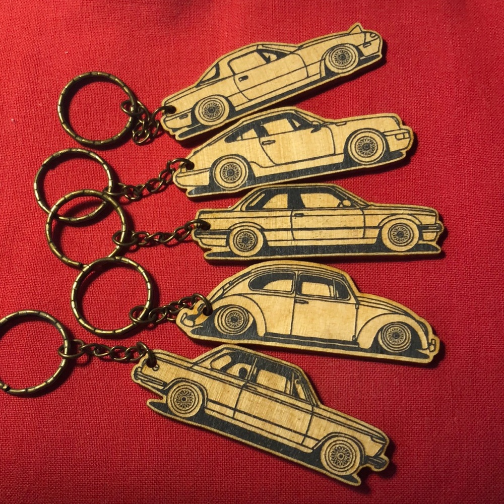 Set of 5 hand crafted burnt wood car key holders